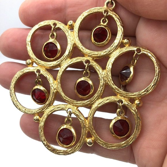 Vintage Crystal Waterfall Dangle Necklace Ruby Red Bezel Set Rhinestone Necklace - Picture 3 of 8